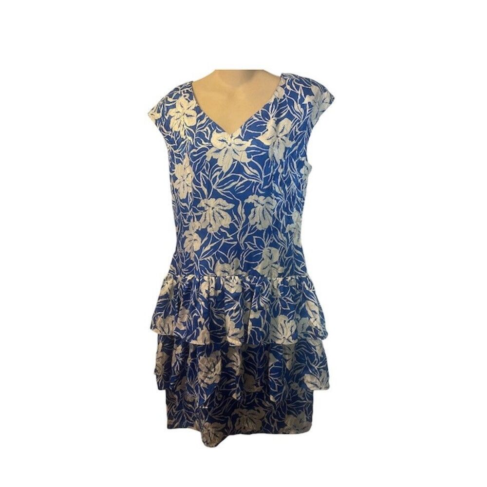 VTG MAGGY LONDON Silk Blue & White Floral Midi Sleeveless Tiered Dress 12